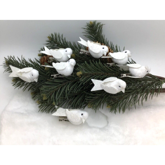 Songbird Ornaments Mini Tree Clip on Set 8 White Christmas White Glitter - Picture 2 of 7